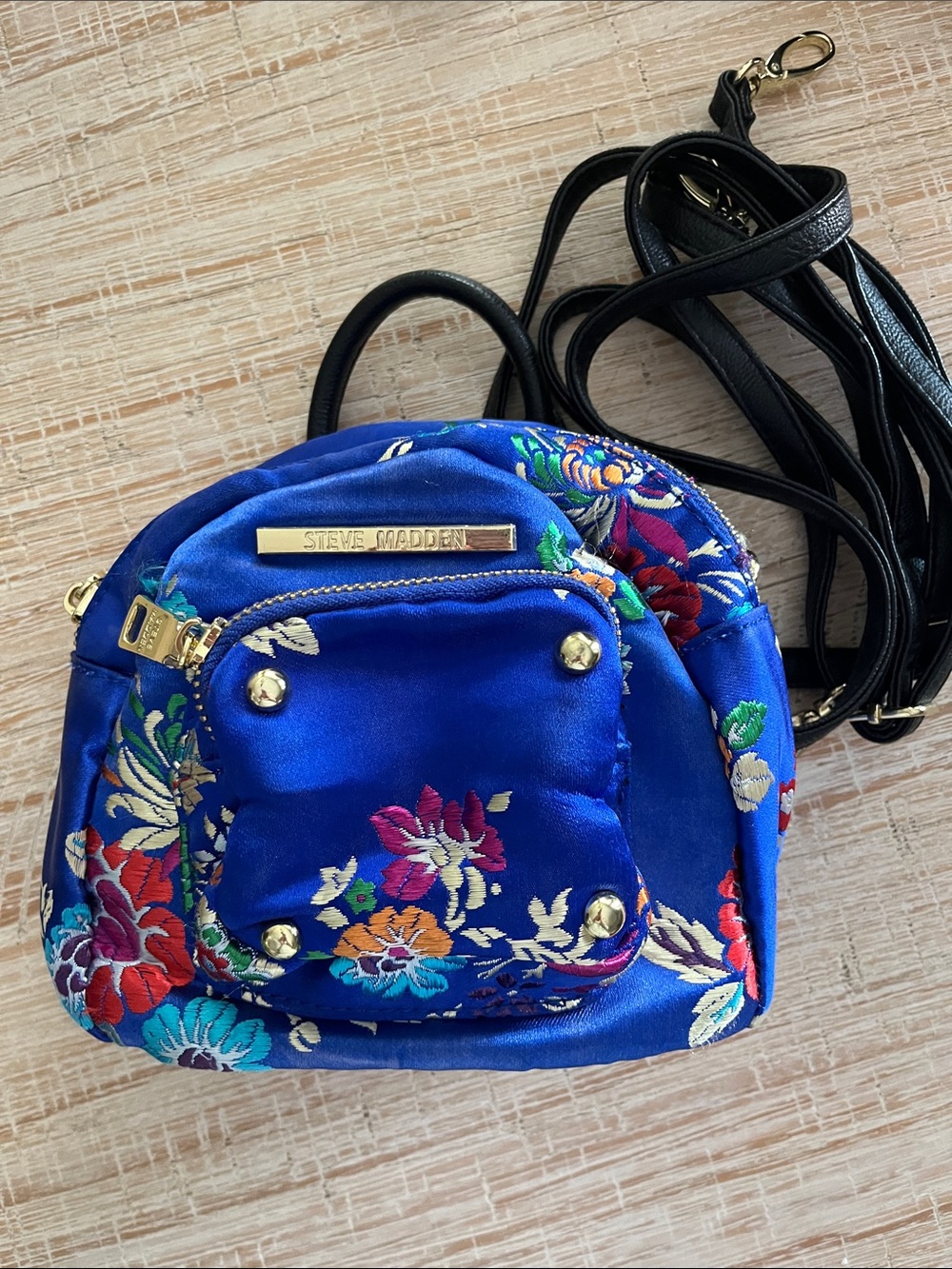 Steve Madden Royal Blue Floral Mini Crossbody with Black Strap